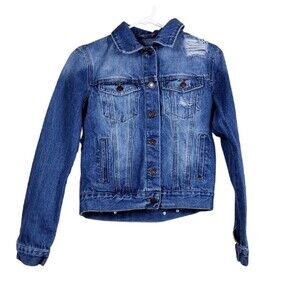 Forever 21 Los Angeles Womens Small Denim Jacket Blue Crop Distressed Stone Wash